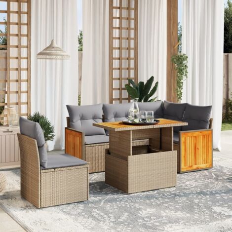 Ensemble Salon Jardin 6 Places Résine Tressée Beige avec Coussins Gris, Table Réglable et Design Modulaire (1/3)