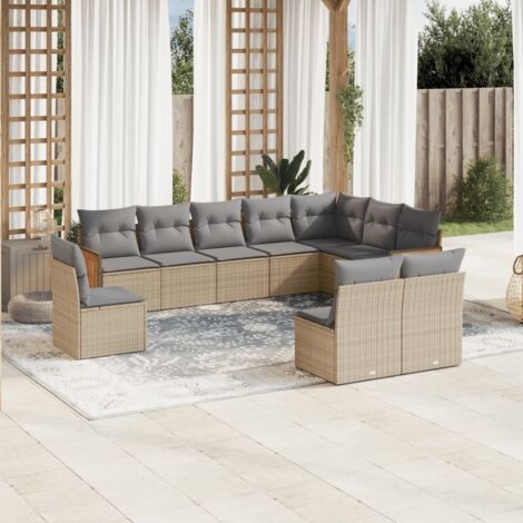 Ensemble Salon Jardin 10 Places Résine Tressée Beige avec Coussins Gris Modulaire (1/4)