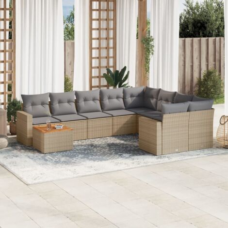 Ensemble Salon Jardin 10 Places Résine Tressée Beige avec Coussins Gris - Table Acacia, Modulaire (1/3)