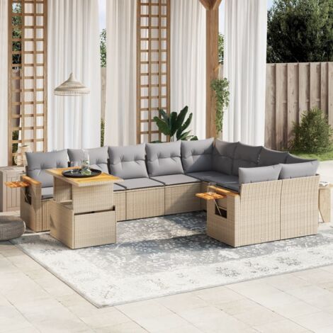 Ensemble Salon Jardin 10 Places Résine Tressée Beige avec Coussins Gris - Table Réglable et Accoudoirs Bois Acacia (1/3)