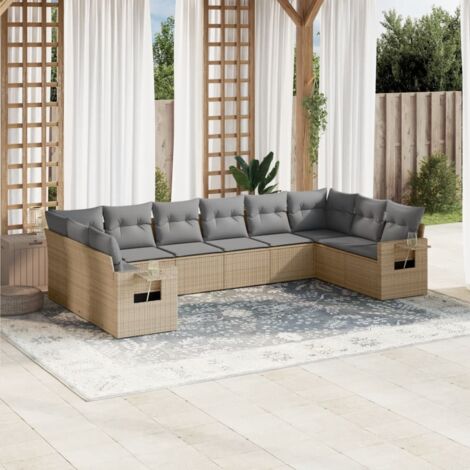 Ensemble Salon Jardin 10 Places Résine Tressée Beige avec Coussins Gris, Modulaire, Rangement Integré et Table d'Appoint (1/3)