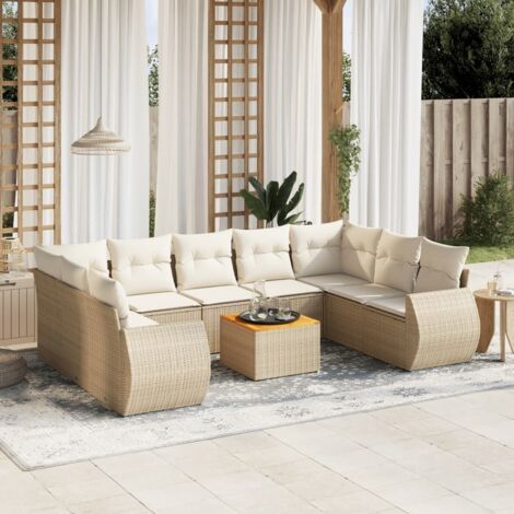 Ensemble Salon Jardin 10 Places Résine Tressée Beige avec Coussins - Table Acacia, Stockage Intégré, Modulaire (1/3)