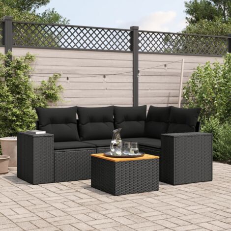 Ensemble Salon Jardin 5 Places Noir Résine Tressée avec Coussins - Table Acacia - Meuble Extérieur Modulaire (1/3)