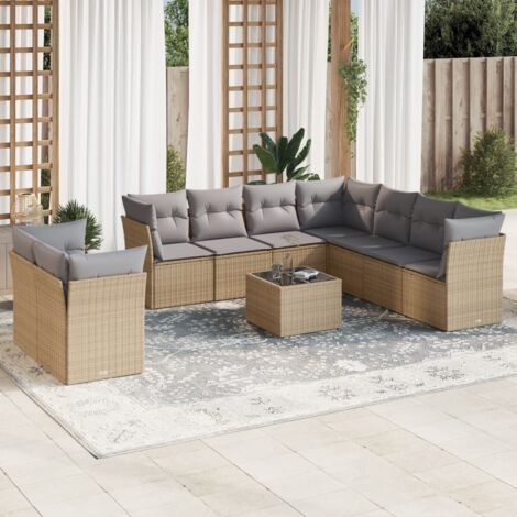 Ensemble Salon Jardin 10 Places Résine Tressée Beige avec Coussins Gris - Canapé d'Angle Modulaire avec Table Verre Trempé (1/3)