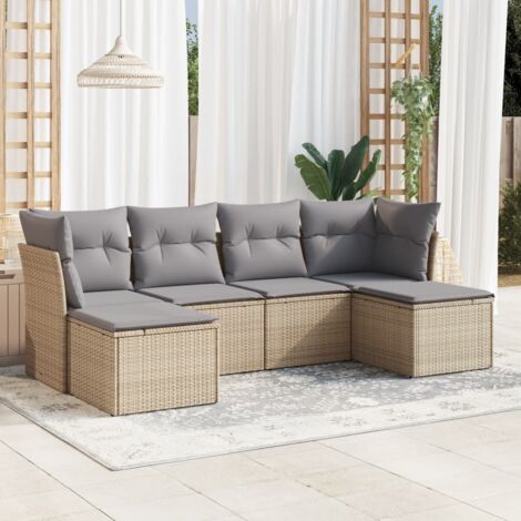 Ensemble Salon Jardin 6 Places Résine Tressée Beige avec Coussins Gris - Mobilier Extérieur Modulaire (1/3)