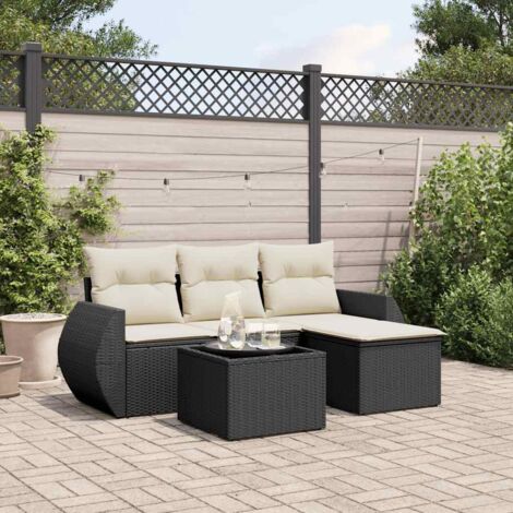Ensemble Jardin 5 Places Noir Résine Tressée avec Table Verre Trempé et Coussins Crème - Stockage Intégré (1/3)