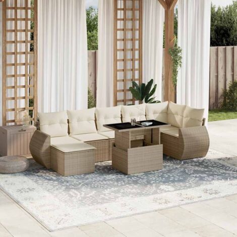 Ensemble de jardin 8 places en résine tressée beige avec coussins lavables - Table extensible verre trempé - Salon extérieur modulaire (1/5)