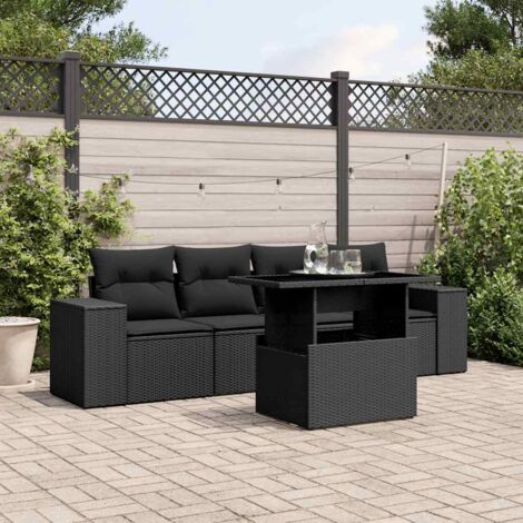 Ensemble Salon Jardin 5 Places Noir Résine Tressée avec Coussins et Table Réglable (1/4)