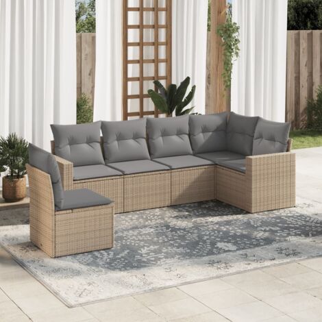 Ensemble Salon Jardin 6 Places Résine Tressée Beige avec Coussins Gris Modulable Stockage Intégré (1/3)