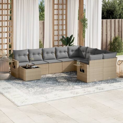 Ensemble Salon Jardin 10 Places Résine Tressée Beige avec Coussins Gris Table Verre Trempé Modulaire (1/4)