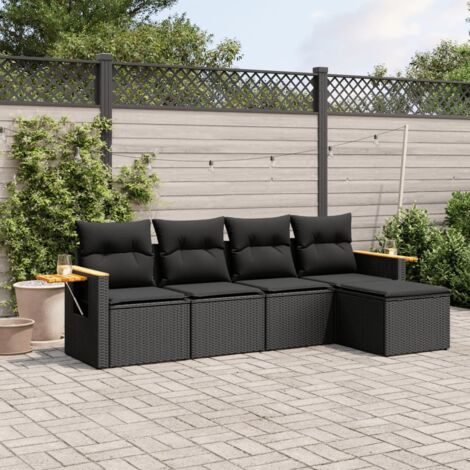 Ensemble Salon Jardin 5 Places Noir Résine Tressée avec Coussins Lavables - Table d'Appoint Intégrée - Mobilier Extérieur Modulaire (1/4)