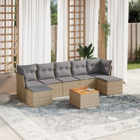 Ensemble Salon Jardin 8 Places Résine Tressée Beige avec Coussins Gris - Canapés d'Angle et Central, Table Acacia, Modulaire (1/3)