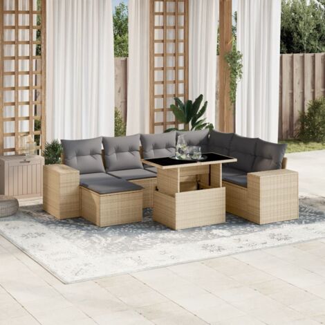 Salon de Jardin 8 Places en Résine Tressée Beige avec Table Réglable et Coussins Gris - Ensemble Modulaire Jardin Terrasse (1/5)