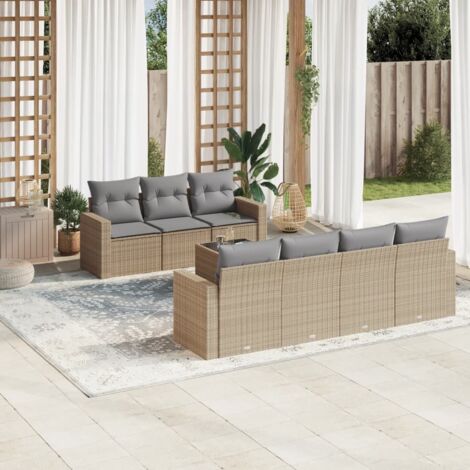 Salon de Jardin 8 Places en Résine Tressée Beige avec Table Verre Trempé et Coussins Gris Lavables - Ensemble Modulaire avec Rangement (1/3)
