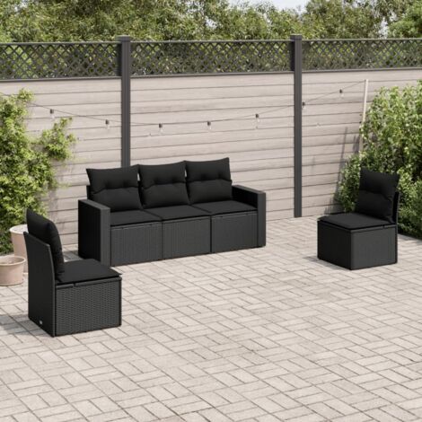 Ensemble Salon Jardin 5 Places Résine Tressée Noir avec Coussins Détachables - 2 Sièges Coin + 3 Centraux (1/3)
