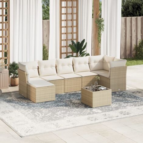 Ensemble Salon de Jardin 8 Places en Résine Tressée Beige avec Coussins - Table Verre Trempé, Modulable, Housses Lavables (1/3)