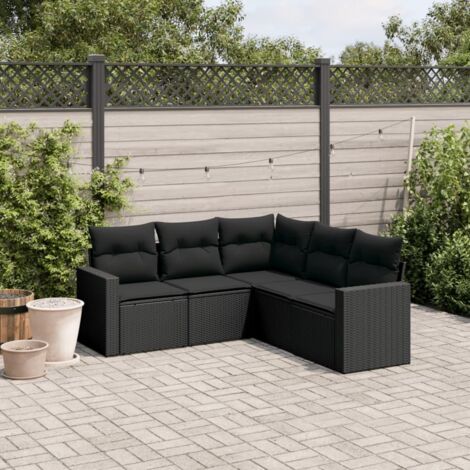 Ensemble Salon Jardin 5 Places Noir Résine Tressée avec Coussins Confortables (1/4)