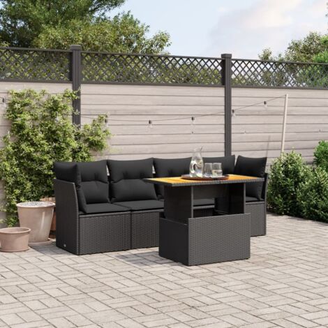 Ensemble Salon Jardin 5 Places Noir Résine Tressée avec Coussins - Table Réglable Hauteur, Mobilier Extérieur Modulaire (1/3)