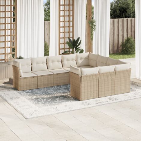 Ensemble Salon Jardin 10 Places Résine Tressée Beige avec Coussins Détachables - Modulaire 6 Sièges Centraux + 4 Coins (1/3)