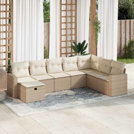 Ensemble de jardin 8 places en résine tressée beige avec coussins blanc crème et rangement intégré (1/5)