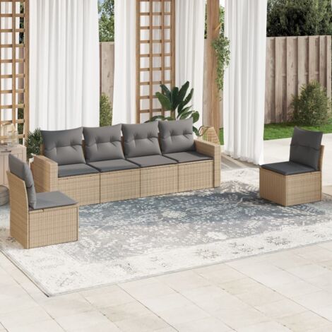 Ensemble Salon Jardin 6 Places Résine Tressée Beige avec Coussins Gris Modulable (1/3)