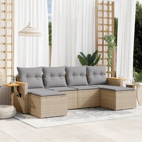 Ensemble Salon Jardin 6 Places Résine Tressée Beige avec Coussins Gris Modulable (1/4)
