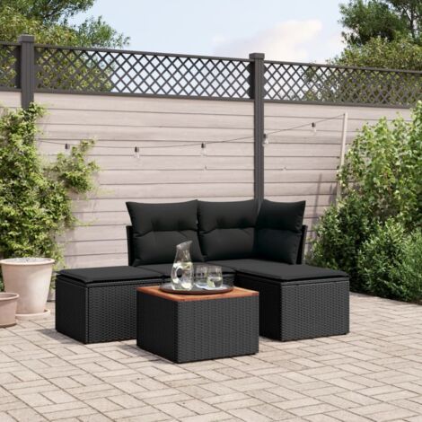 Ensemble Salon Jardin 5 Places Noir Résine Tressée avec Coussins - Table Acacia, Mobilier Extérieur Modulaire (1/3)