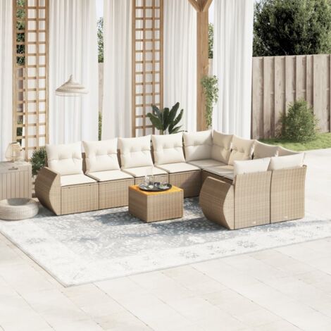 Ensemble Salon Jardin 10 Places Résine Tressée Beige avec Coussins - Table Acacia, Modulaire, Rangement Intégré (1/3)