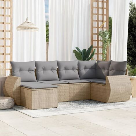 Ensemble Salon Jardin 6 Places Résine Tressée Beige avec Coussins Gris Modulable (1/4)