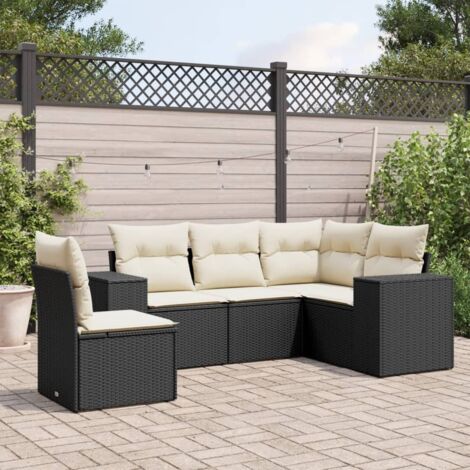 Ensemble Salon Jardin 5 Places Noir Résine Tressée avec Coussins Crème - Canapé d'Angle Modulaire (1/4)