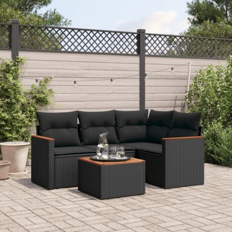 Ensemble Salon Jardin 5 Places Noir Résine Tressée avec Coussins - Table Acacia et Structure Acier (1/4)