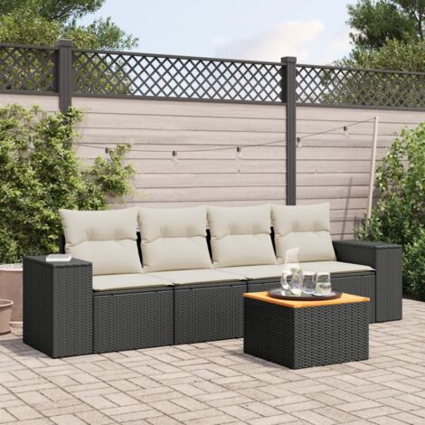 Ensemble Salon Jardin 5 Places Noir Résine Tressée avec Table Acacia et Coussins Crème - Meuble Extérieur Modulaire (1/3)