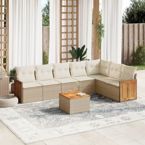 Salon de Jardin 8 Places en Résine Tressée Beige avec Coussins - Ensemble Modulaire avec Table Acacia (1/5)