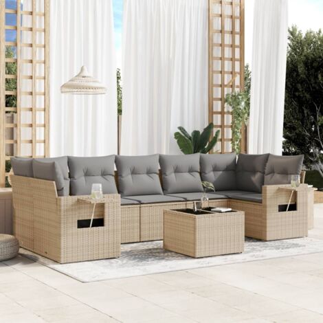 Canapé de Jardin 8 Places en Résine Tressée Beige - Ensemble Salon Extérieur avec Coussins Gris, Table et Espace de Rangement Modulaire (1/3)