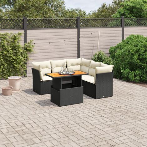 Ensemble Salon Jardin 5 Places Noir Résine Tressée avec Coussins Crème - Table Réglable et Modulaire (1/3)