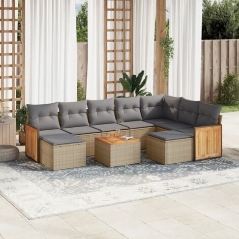 Ensemble Salon Jardin 10 Places Résine Tressée Beige avec Coussins Gris - Table Acacia, Modulaire, Résistant aux UV (1/4)