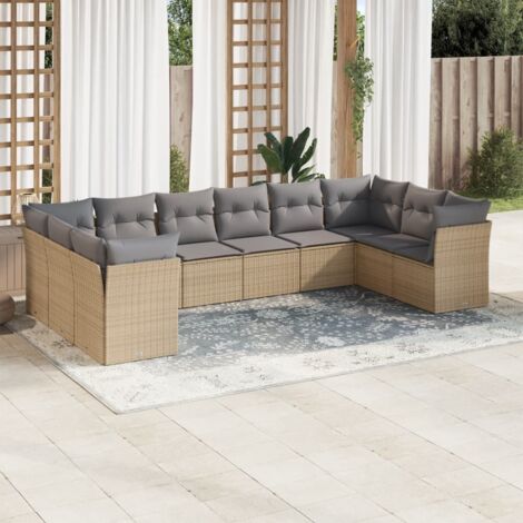 Ensemble Salon Jardin 10 Places Résine Tressée Beige avec Coussins Gris Modulaire (1/3)