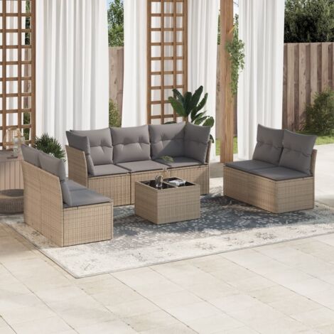 Ensemble de Jardin 8 Places en Résine Tressée Beige avec Coussins Gris - Salon d'Extérieur Modulaire avec Table en Verre Trempé (1/3)