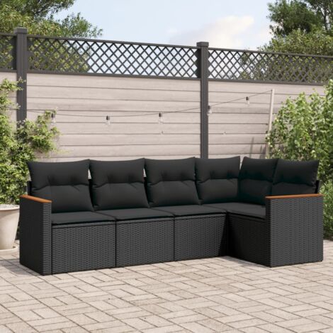 Ensemble Salon Jardin 5 Places Noir Résine Tressée avec Coussins - Canapé d'Angle, Sièges Centraux et Accoudoirs - Meuble Extérieur Modulaire (1/4)