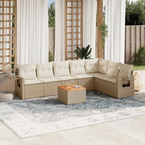 Ensemble Salon Jardin 8 Places Résine Tressée Beige avec Coussins - Canapé d'Angle, Sièges Centraux et Table Acacia (1/5)