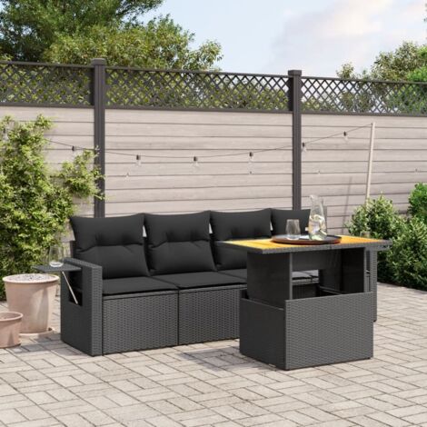 Ensemble Salon Jardin 5 Places Noir Résine Tressée avec Coussins et Table Réglable (1/3)