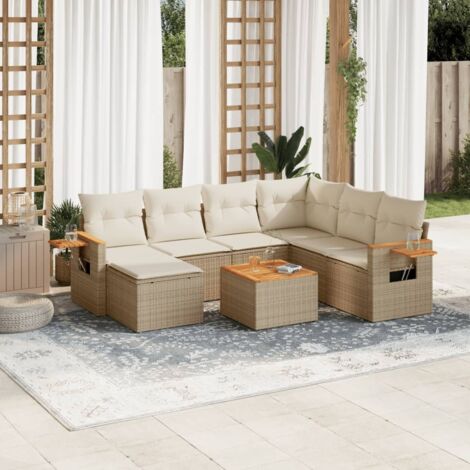 Ensemble de jardin 8 places en résine tressée beige avec coussins lavables et table acacia - Salon extérieur modulaire (1/5)