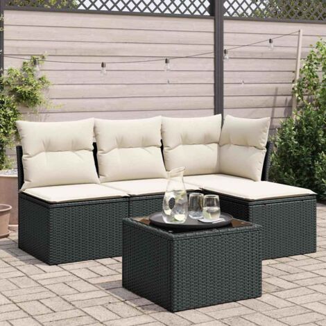Ensemble Salon Jardin 5 Places Noir Résine Tressée avec Table Verre Trempé et Coussins Crème (1/4)