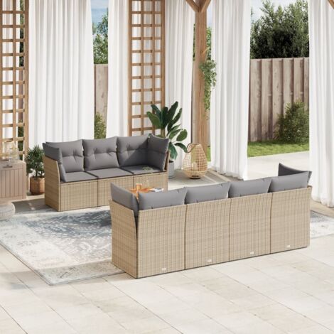 Salon de Jardin 8 Places en Résine Tressée Beige avec Coussins Gris - Ensemble Modulaire Table Acacia et Canapés d'Angle (1/3)