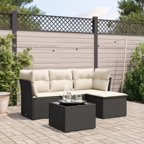 Ensemble Salon Jardin 5 Places Noir Résine Tressée avec Table Verre Trempé et Coussins Crème - Mobilier Extérieur Modulaire avec Rangement (1/3)