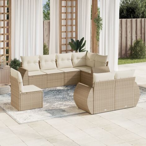 Salon de Jardin 8 Places en Résine Tressée Beige avec Coussins - Ensemble Modulaire Canapé d'Angle et Fauteuils (1/5)