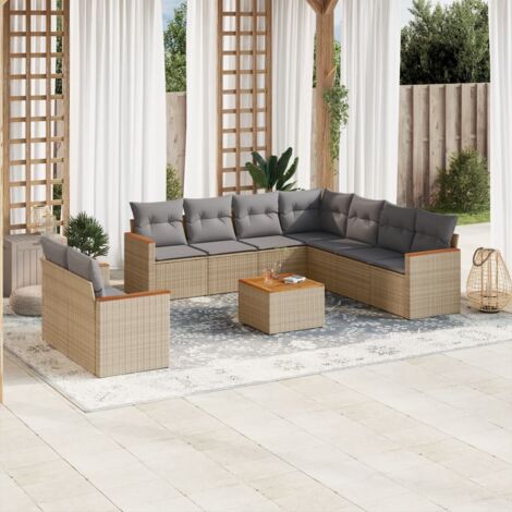 Ensemble Salon Jardin 10 Places Résine Tressée Beige avec Coussins Gris - Table Acacia, Modular, Stockage Intégré (1/3)