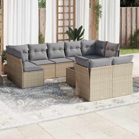 Ensemble Salon Jardin 10 Places Résine Tressée Beige avec Coussins Gris - Table Verre Trempé, Modulaire (1/3)