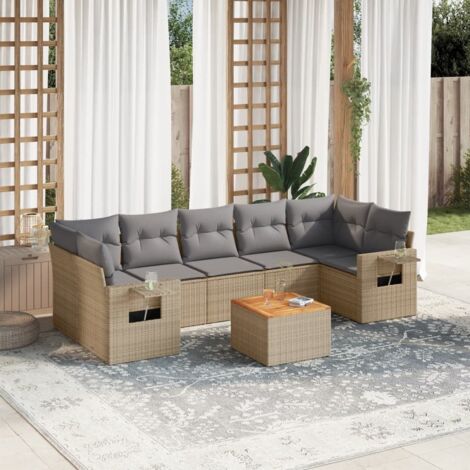 Salon de Jardin 8 Places en Résine Tressée Beige avec Coussins Gris - Ensemble Modulaire Canapé d'Extérieur avec Table Acacia (1/5)