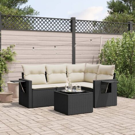 Ensemble Salon Jardin 5 Places Noir Résine Tressée avec Coussins Crème et Table Verre Trempé (1/4)